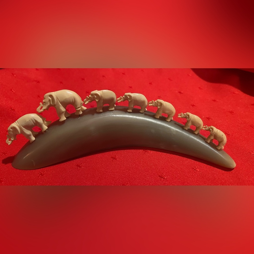 Vintage 1960 Elephant Parade Cream and Gray Sculpture, 8 inches genuine ivory
